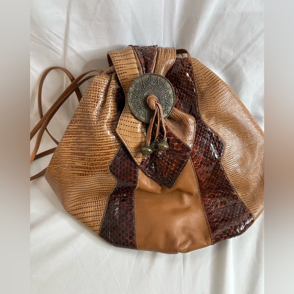 Vintage Sharif Drawstring Leather Patchwork Boho Bucket Bag Brown USA Made - Picture 1 of 16